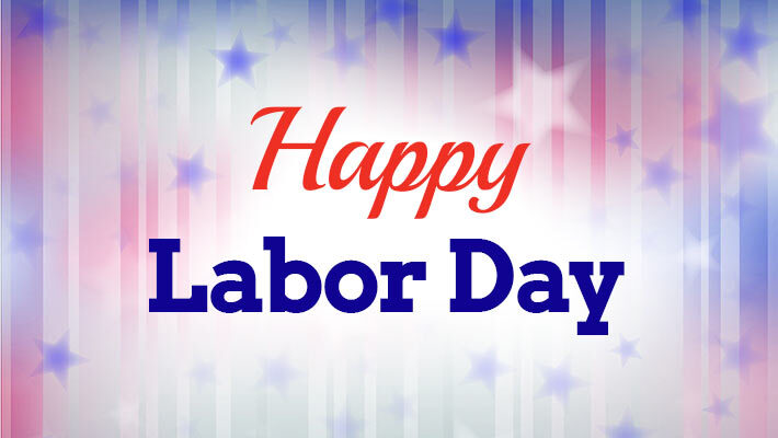 A red white and blue background with stars and the words Happy Labor Day