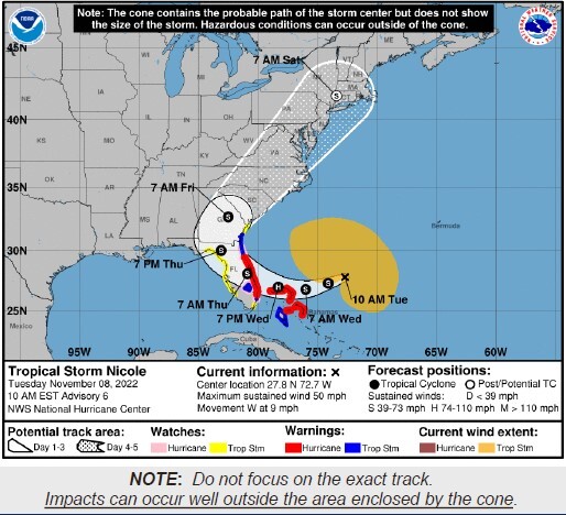 The map of the path of Tropical Storm Nicole that will hit the state of Florida.