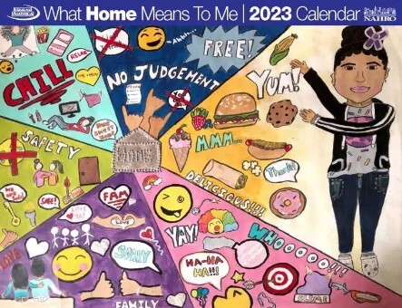 2023 What Home Means to Me Poser Contest Calendar. The cover features a girl pointing to the various things that mean home to her.