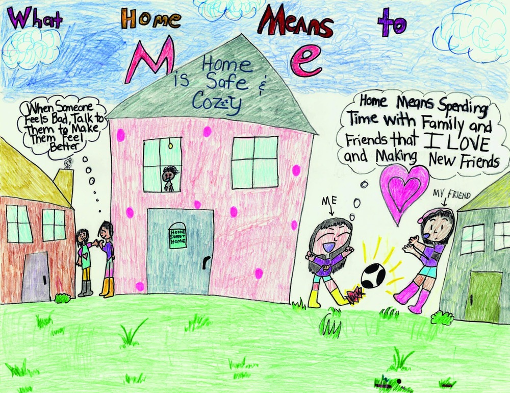 The January winner of the What Home Means to Me Poster Contest. The winning drawing features a hand drawn house with multiple people standing in front of the house.
