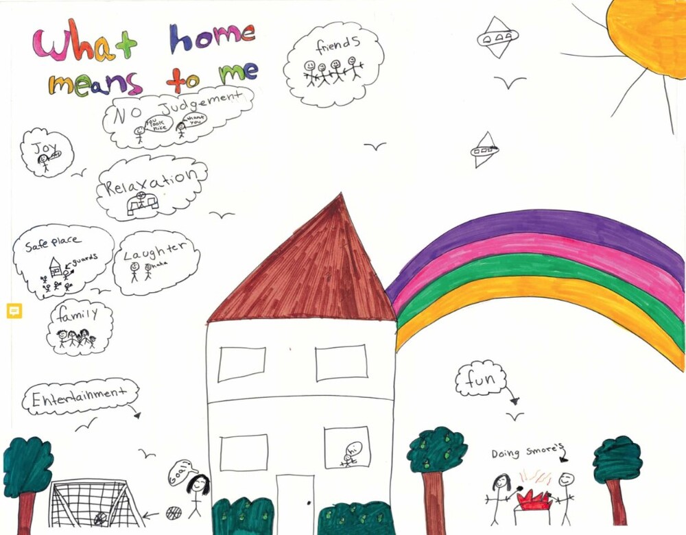 The April 2023 What Home Means to Me Winner. The drawing features a house and a rainbow.