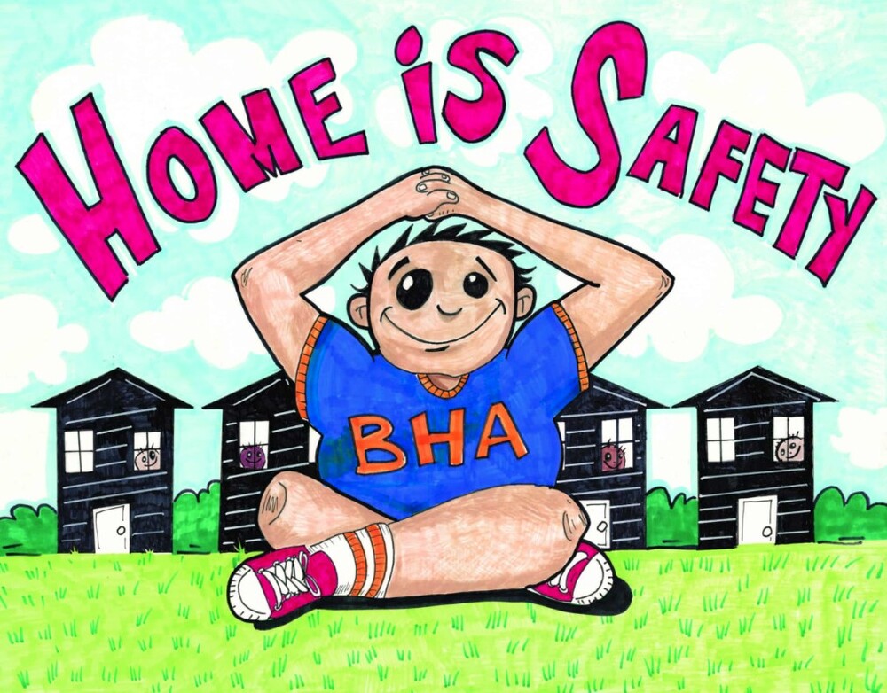 The June 2023 What Home Means to Me Winner. The poster features a drawing of a boy sitting down and holding his hands together over his head. There are four houses in the background and the words read, Home is Safety..
